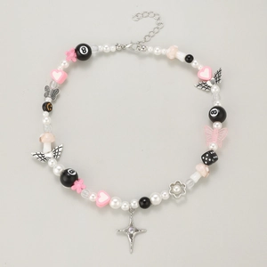 Y2K gothic butterfly cross pendant pearl beaded necklace with pink hearts and star