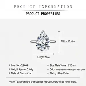 Silver pear-cut waterdrop ring with faceted crystal stone and adjustable open band
