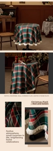 Macro detail of red and green plaid Christmas tablecloth fabric with white fringe edges