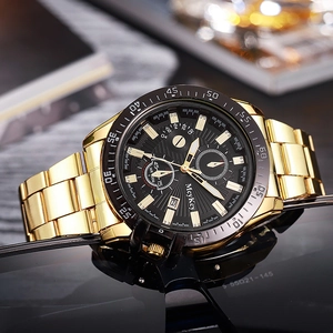 Orologio uomo classico in acciaio inossidabile dorato con quadrante nero e datario