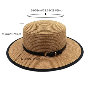 Flat top straw boater hat with black leather belt and dimensions for summer sun protection