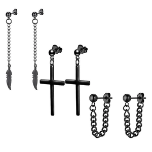 Detailed set of black stainless steel earrings featuring cross, feather and chain pendants
