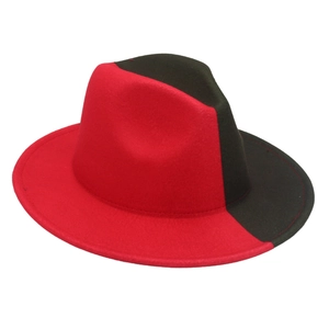 Detail of two-tone red and black wool felt Fedora hat with a wide brim and classic crown