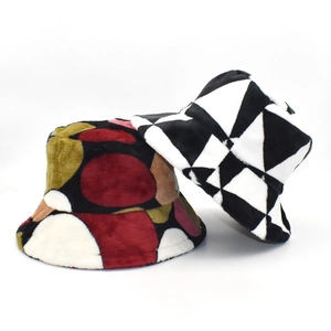 Women Winter Bucket Hat Coral Fleece Faux Rabbit Fur Warm Thick Geometric Patchwork Polka Dot Plush Basin Hat Outdoor