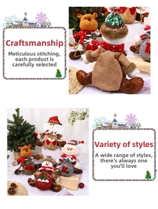 Detail of burlap Christmas gift bags with 3D Santa, snowman, and reindeer doll motifs