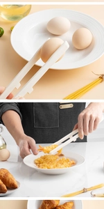 Action shot of beige silicone food tongs picking up a boiled egg and fried shrimp