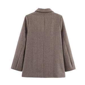 Brown herringbone twill blazer for women with a cinched waist back view on white background