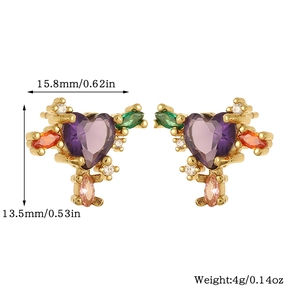 Detailed view of heart-shaped earrings with colorful zircons and size measurements
