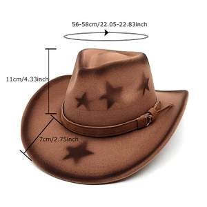 Brown wool felt cowboy hat with star print and leather band, including size dimensions