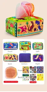 Detailed view of plush dinosaur tissue box toy with sensory crinkle papers and 10 scarves
