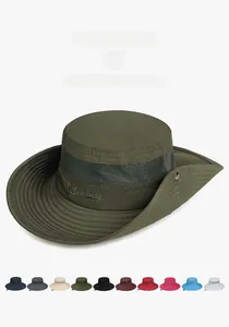 Detail of outdoor sun hat featuring 360-degree breathable mesh and side metal buttons