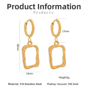 Detailed view of 18K gold plated stainless steel geometric earrings with measurements