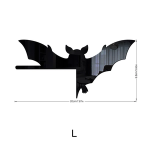 Macro view of L-sized black acrylic bat mirror wall sticker with 20cm x 9.8cm dimensions