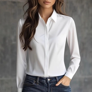 Classic white long-sleeve satin shirt for women featuring a lapel collar and slim fit