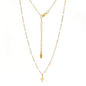 Detail of stainless steel cross necklace with white beads and s.steel hallmark engraving