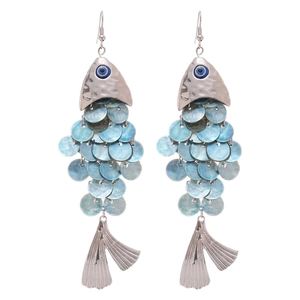 Elegant fish-shaped shell tassel drop earrings with blue gradient scales and devil eye bead