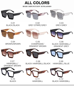 Grid display of square frame sunglasses in various colors like black and tortoiseshell