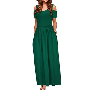 Detail view of a dark green off-shoulder maxi dress with a long skirt and hidden pockets