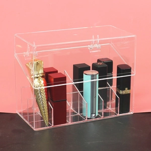 Detailed view of clear acrylic lipstick organizer with flip lid and multiple compartments