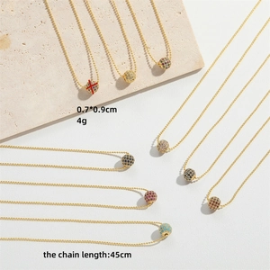 Golden round zircon pendant necklace with colorful micro-pave stones and 45cm bead chain