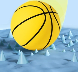 Macro detail of high-elastic yellow rubber mini basketball for kids with black stripes