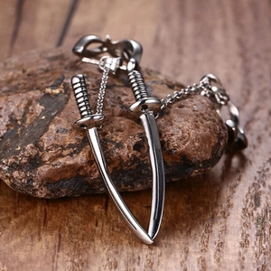 Punk style samurai sword stud earrings with link chain in polished silver finish