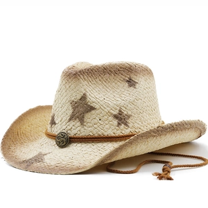 Beige western straw cowboy hat with brown star print and adjustable wind lanyard
