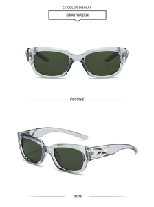 Detail view of retro square gray sunglasses with green lenses and silver metal temple accents