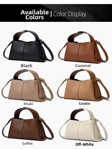 Detailed grid of minimalist leather handbags in black, caramel, and beige neutral tones