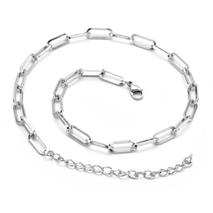 Detailed close-up of a silver 7mm stainless steel paperclip chain with a lobster clasp