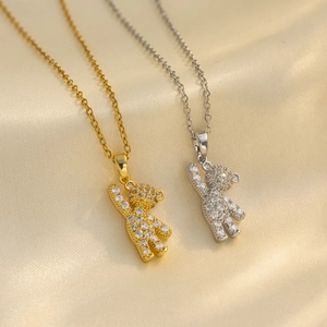 Bear Pendant Necklace Titanium Steel With Zirconia Sparkling Cartoon Cute Animal Jewelry For Women