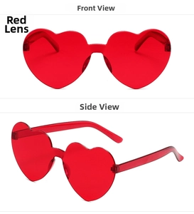 Vues de face et de côté de lunettes de soleil coeur sans monture rouge transparent