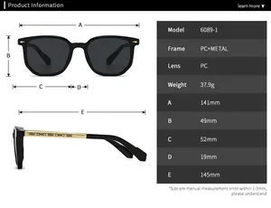Detailed size chart for retro pilot sunglasses showing dimensions and PC metal frame data