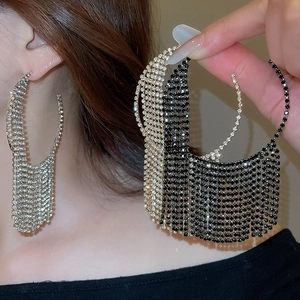 Detailed view of luxury geometric round tassel earrings with sparkling rhinestones set in alloy