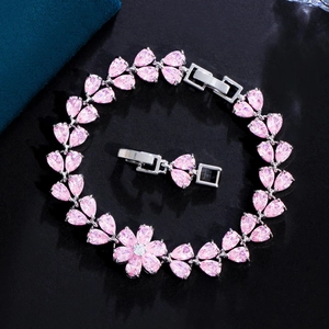 Elegant Copper Zirconia Flower Bracelet For Women Luxury Multicolor Pear Cut Crystal Floral Chain Jewelry For Party Gift
