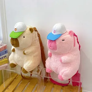Cute capybara plush backpack for women with adjustable straps in pink and cream colors