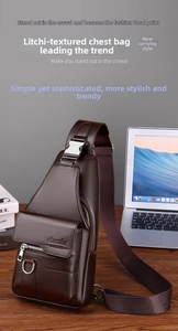 Detail of dark brown pebble leather chest bag featuring classic magnetic flap and silver buckle