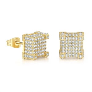 Hip hop style square iced out stud earrings with full white zircon stones in gold plating
