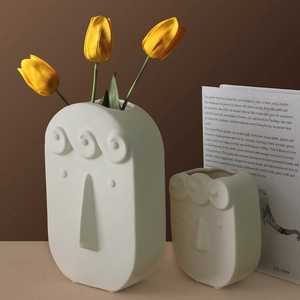 Modern Nordic white ceramic face vases set of two with creative abstract art design