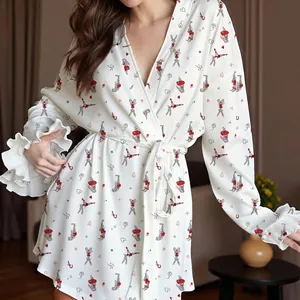 White silk bathrobe with rabbit and heart print featuring ruffled sleeves and waist tie
