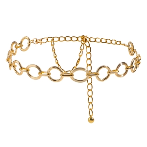 Minimalist gold metal chain belt with engraved oval links and adjustable ball pendant