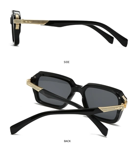 Side and back view of retro square pilot sunglasses with gold metal striped temples