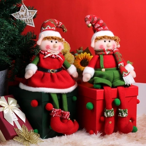 Christmas elf plush dolls set with red and green fabric and long dangling legs ornaments