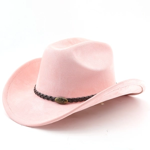 Detailed close-up of pink suede cowboy hat with braided leather band and bull metal buckle