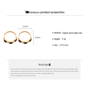 Detailed product size chart showing tiger eye zircon earrings with 2.5cm dimensions