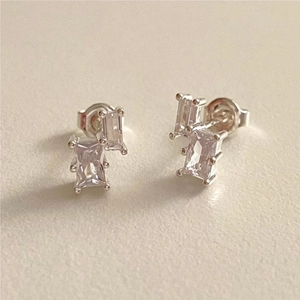 Minimalist S925 sterling silver square zircon stud earrings with geometric baguette cut gems