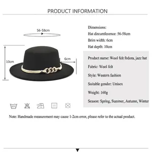 Flat top wool fedora hat sizing chart with dimensions and metal chain detail