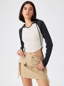Slim fit hooded color-block long sleeve top with khaki utility mini skirt for women