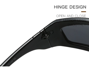 Close-up of flexible hinges and CE certification marking on black Y2K cycling sunglasses