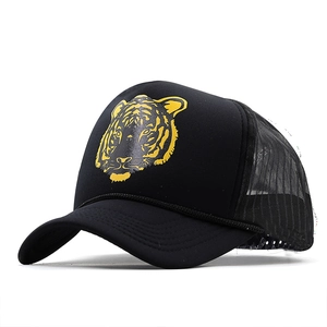 Black trucker hat featuring a yellow tiger head print and breathable mesh back